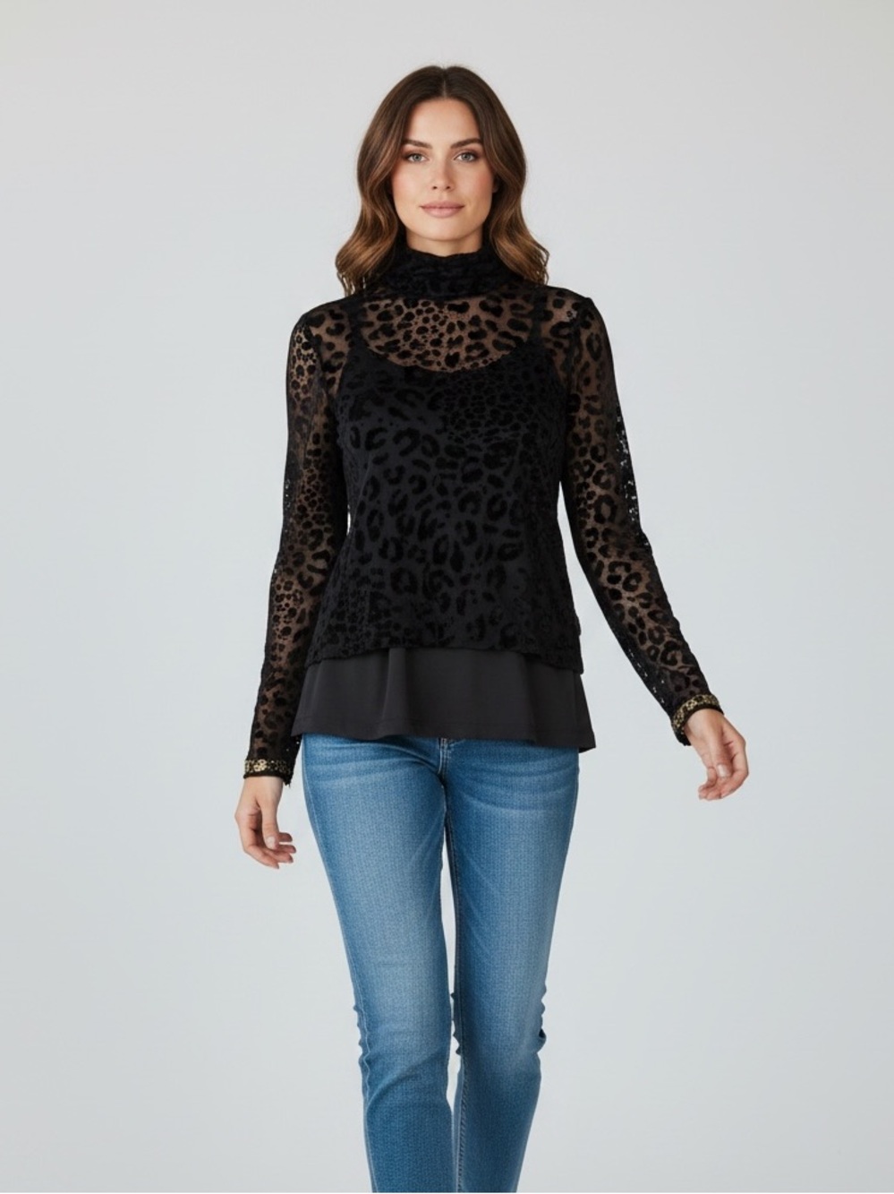 WORTH NEW YORK women Black Leopard Print Lace Long Sleeve Top Size P sheer print